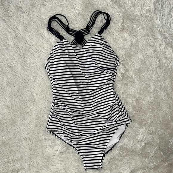 Navy and white striped KonaSol one piece swimsuit - Picture 1 of 4